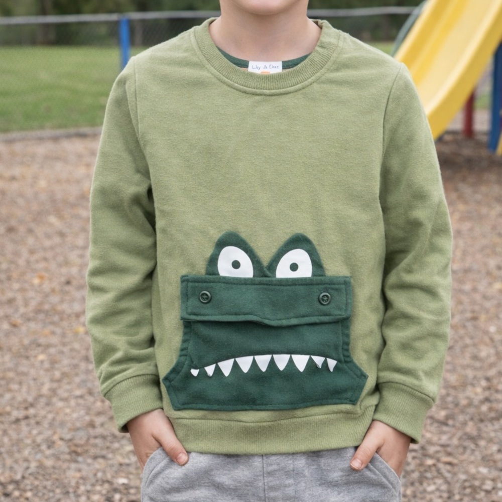 Lily & Dan Kids Green Crocodile Sweatshirt Size S Cute Alligator Pocket Pullover